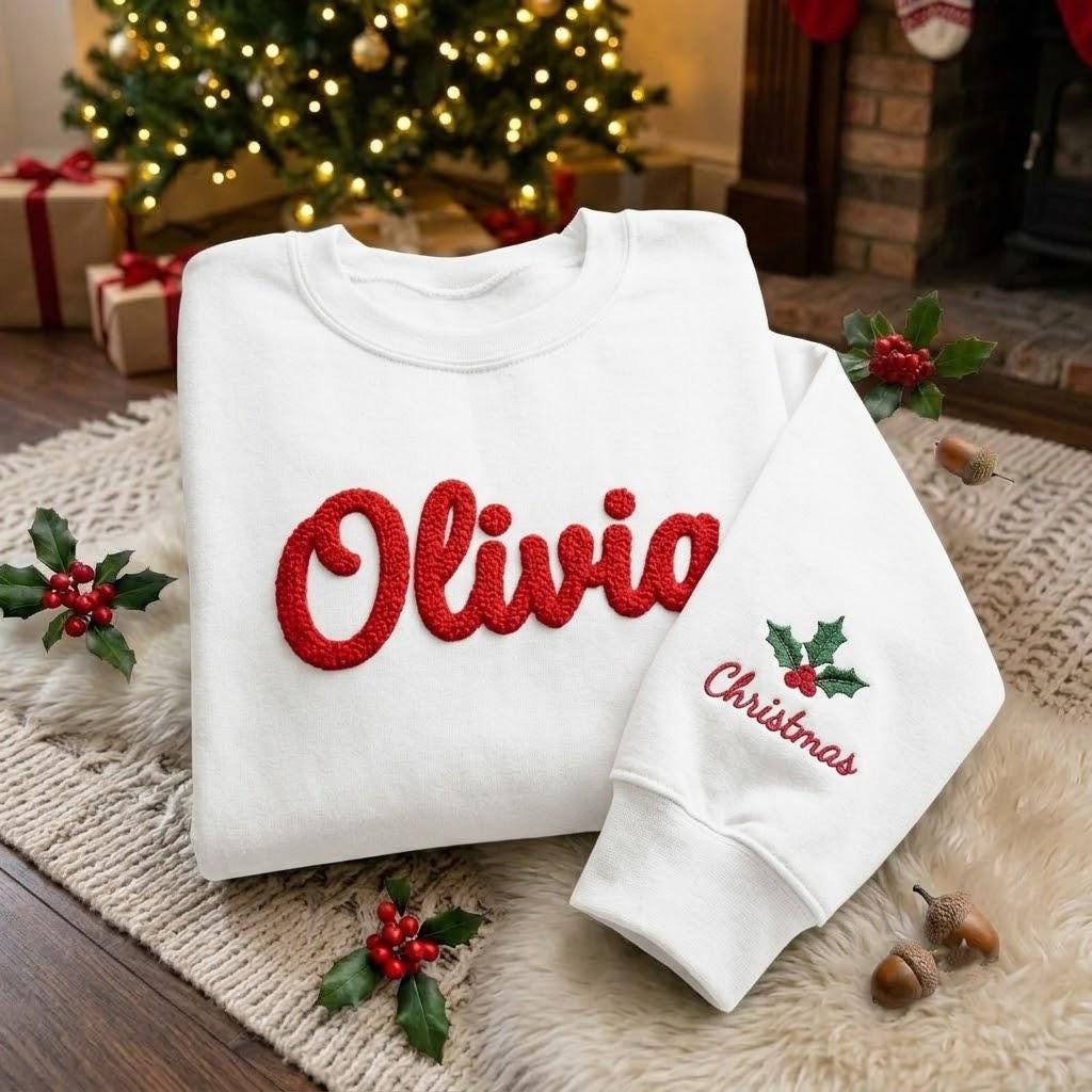 Custom Text Christmas Sleeve Holly Sweatshirt, Personalized Loop Yarn Chenille Crewneck