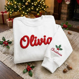 Custom Text Christmas Sleeve Holly Sweatshirt, Personalized Loop Yarn Chenille Crewneck