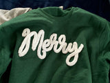 Custom Text Christmas Sleeve Holly Sweatshirt, Personalized Loop Yarn Chenille Crewneck