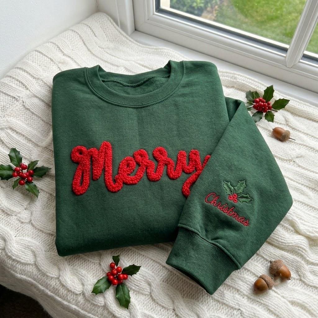 Custom Text Christmas Sleeve Holly Sweatshirt, Personalized Loop Yarn Chenille Crewneck
