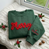 Custom Text Christmas Sleeve Holly Sweatshirt, Personalized Loop Yarn Chenille Crewneck