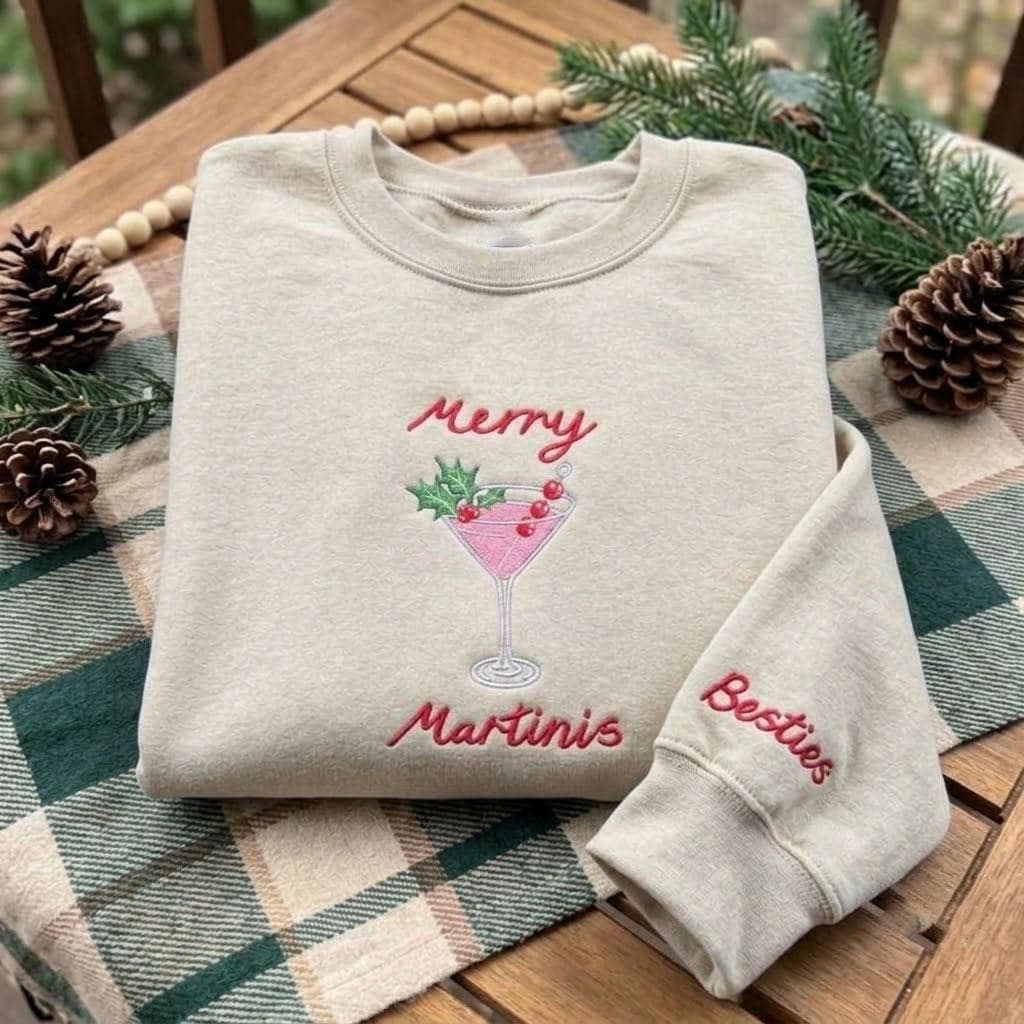 Custom Merry Martinis Christmas Sweatshirt, Festive Cocktail Winter Party Gift Crewneck