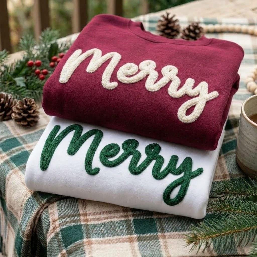 Custom Merry Script Embroidered Sweatshirt, Fluffy Lettering Christmas Holiday Crewneck
