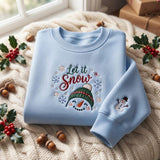 Let It Snow Green Hat Snowman Christmas Sweatshirt, Festive Winter Embroidered Crewneck