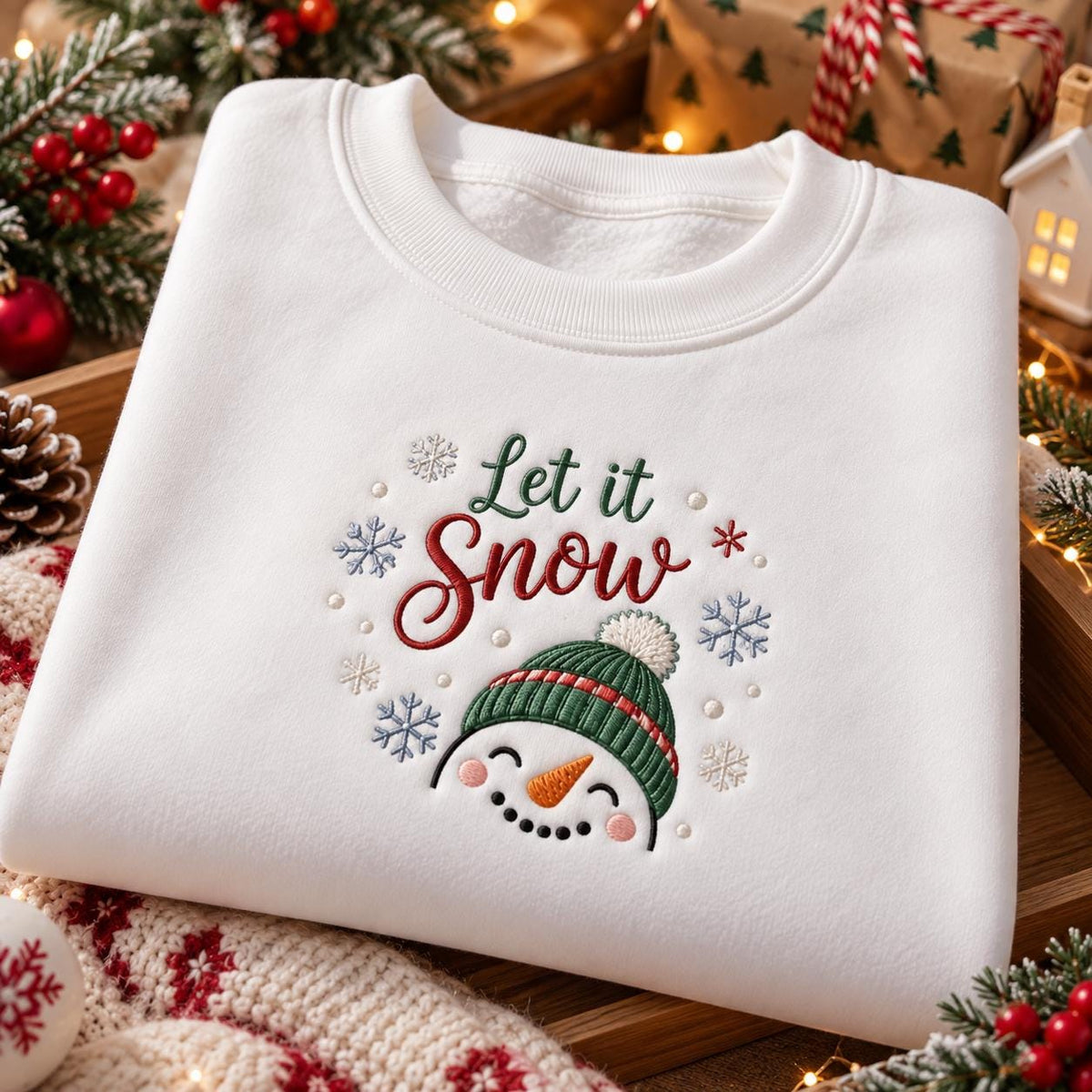 Let It Snow Green Hat Snowman Christmas Sweatshirt, Festive Winter Embroidered Crewneck
