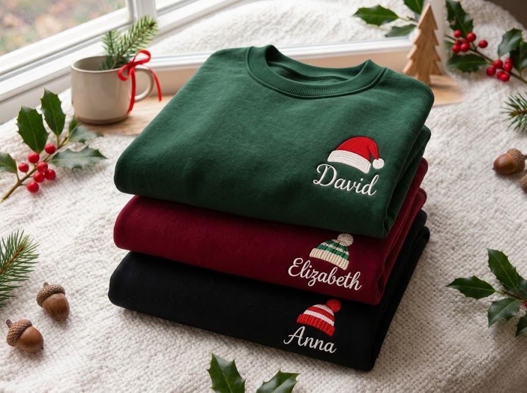 Custom Name Santa Hat Christmas Sweatshirt, Personalized Family Matching Xmas Crewneck