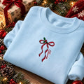 Custom Name Red Bow Christmas Sweatshirt, Personalized Floral Embroidered Holiday Crewneck