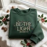 Be The Light Matthew 5:14 Christmas Sweatshirt, Festive Green Embroidered Tree Crewneck