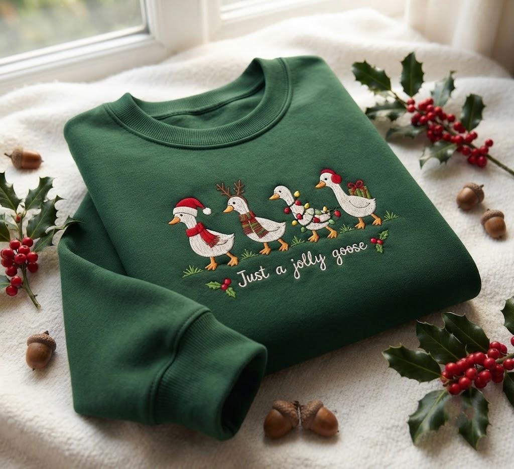 Just A Jolly Goose Christmas Lights Sweatshirt, Floral Patchwork Embroidered Crewneck