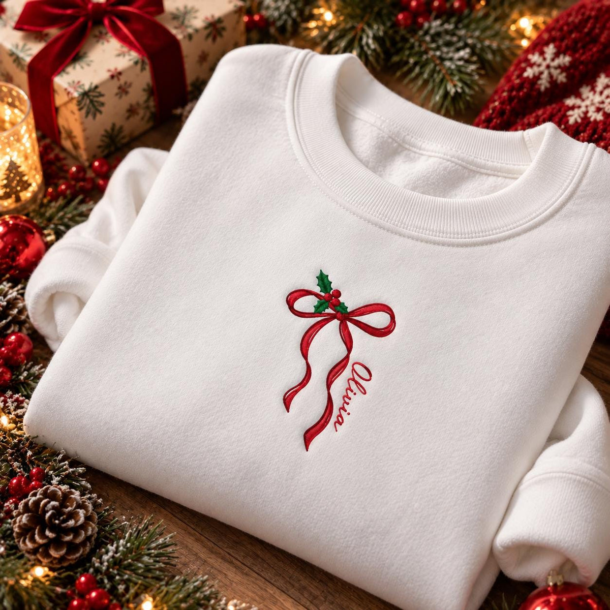 Custom Name Red Bow Christmas Sweatshirt, Personalized Floral Embroidered Holiday Crewneck
