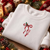 Custom Name Red Bow Christmas Sweatshirt, Personalized Floral Embroidered Holiday Crewneck