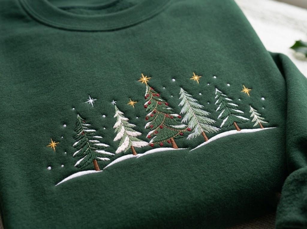 Green Pine Trees Starry Night Christmas Sweatshirt, Floral Patchwork Embroidered Crewneck