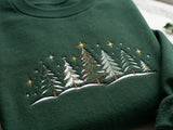 Green Pine Trees Starry Night Christmas Sweatshirt, Floral Patchwork Embroidered Crewneck