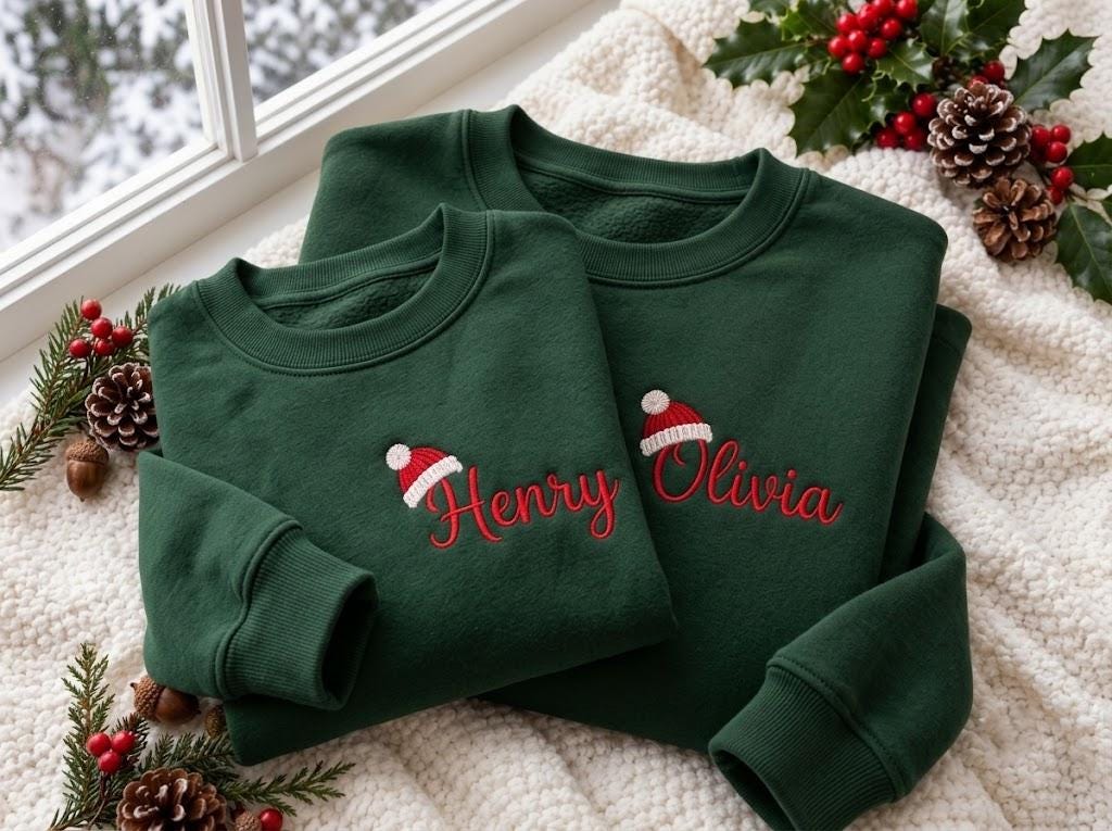 Custom Name Santa Hat Christmas Sweatshirt, Personalized Family Matching Xmas Crewneck
