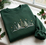 Green Pine Trees Starry Night Christmas Sweatshirt, Floral Patchwork Embroidered Crewneck
