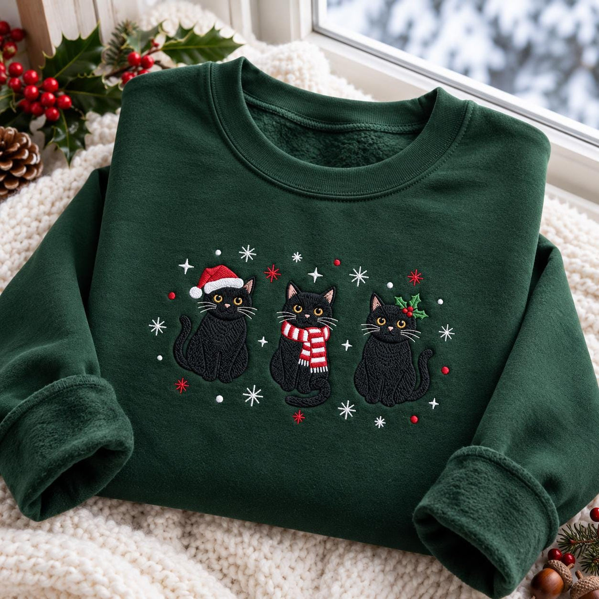 Three Black Cats Santa Hat Christmas Sweatshirt, Festive Green Embroidered Crewneck