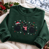 Three Black Cats Santa Hat Christmas Sweatshirt, Festive Green Embroidered Crewneck