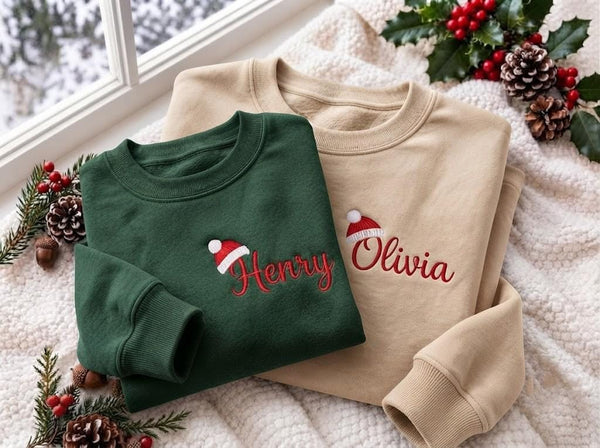 Custom Name Santa Hat Christmas Sweatshirt, Personalized Family Matching Xmas Crewneck
