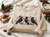 Three Crows Santa Hat Scarf Christmas Sweatshirt, Neutral Winter Embroidered Crewneck