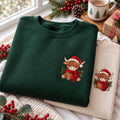 Highland Cows Santa Hat Scarf Christmas Sweatshirt, Festive Green Holiday Embroidered Crewneck