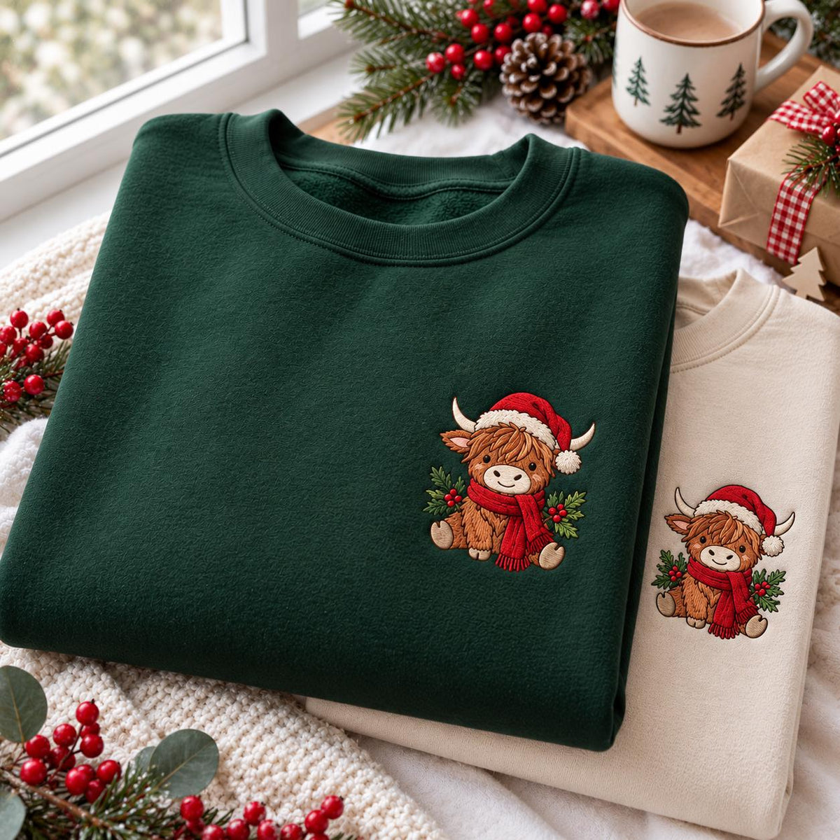 Highland Cows Santa Hat Scarf Christmas Sweatshirt, Festive Green Holiday Embroidered Crewneck