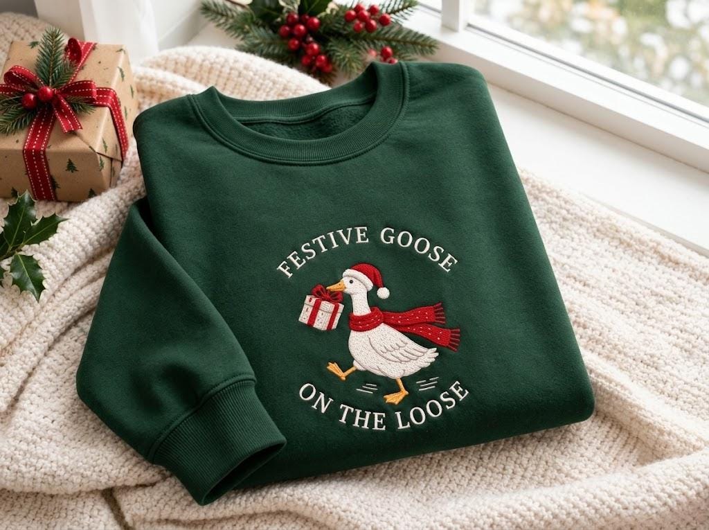 Festive Goose On The Loose Christmas Sweatshirt, Green Winter Holiday Embroidered Crewneck
