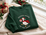 Festive Goose On The Loose Christmas Sweatshirt, Green Winter Holiday Embroidered Crewneck