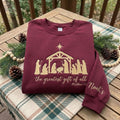 Embroidered Nativity Christmas Sweatshirt, Jesus Greatest Gift Custom Sleeve Crewneck