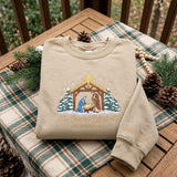 Embroidered Nativity Trees Christmas Sweatshirt, Custom Family Name on Sleeve Crewneck