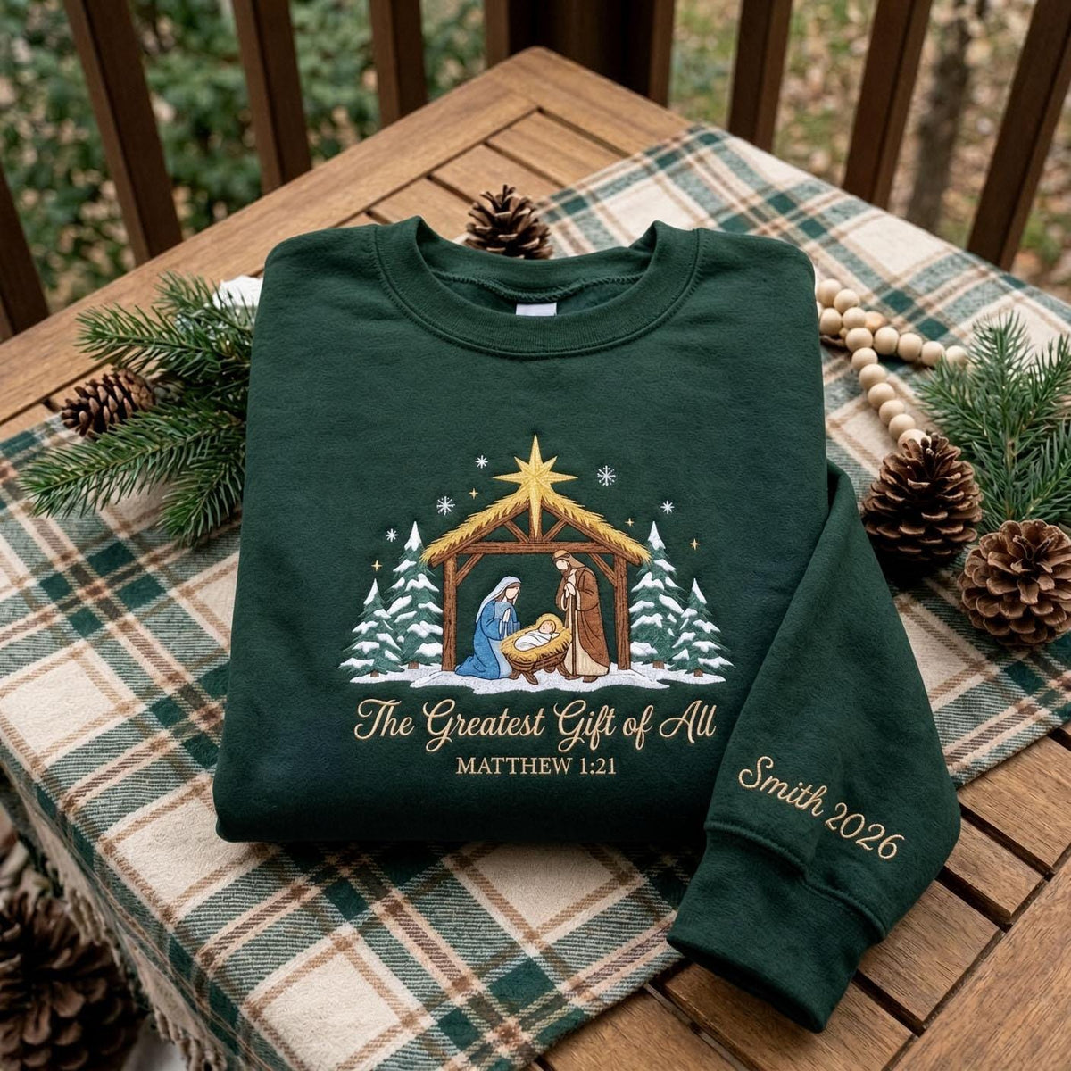 Embroidered Nativity Trees Christmas Sweatshirt, Custom Family Name on Sleeve Crewneck