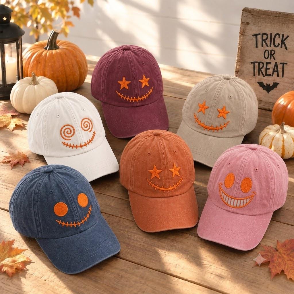 Jack O Lantern Embroidered Hat, Vintage Washed Halloween Pumpkin Dad Hat