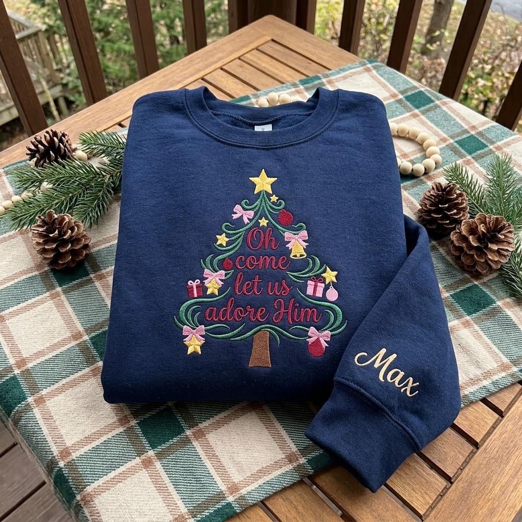 Embroidered Christian Tree Christmas Sweatshirt, Adore Him Custom Sleeve Crewneck