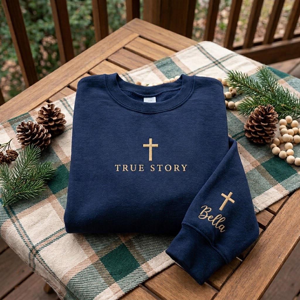 Embroidered True Story Christmas Sweatshirt, Christian Cross Custom Sleeve Crewneck