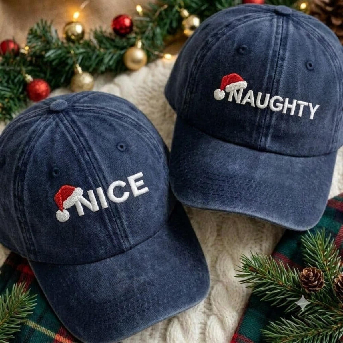 Matching Christmas Couple Embroidered Hats, Santa Theme Washed Cotton Baseball Caps
