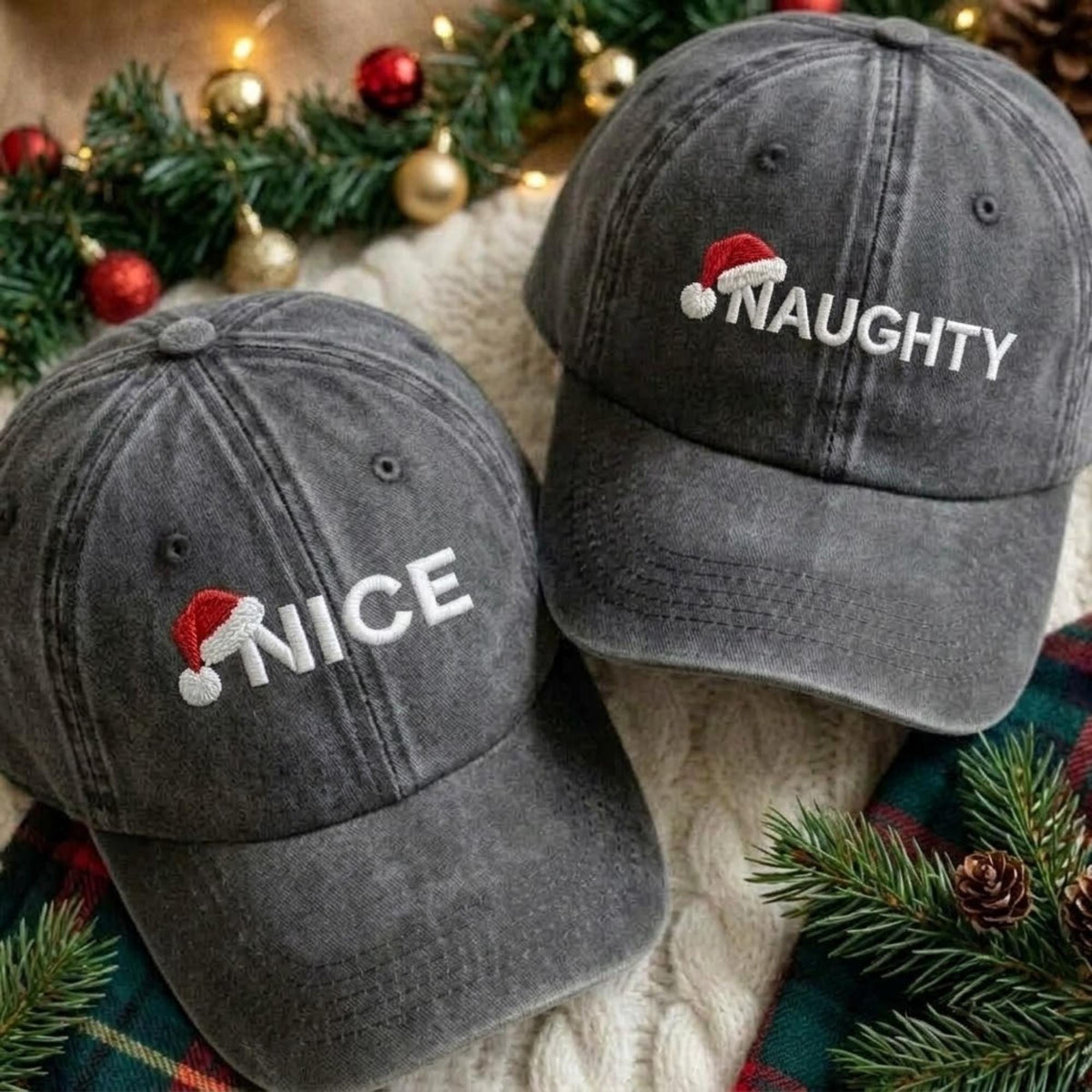 Matching Christmas Couple Embroidered Hats, Santa Theme Washed Cotton Baseball Caps