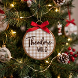 Personalized Name Christmas Embroidered Ornament, Custom Plaid Text Keepsake, Festive Tree Decor, Minimalist Holiday Gift