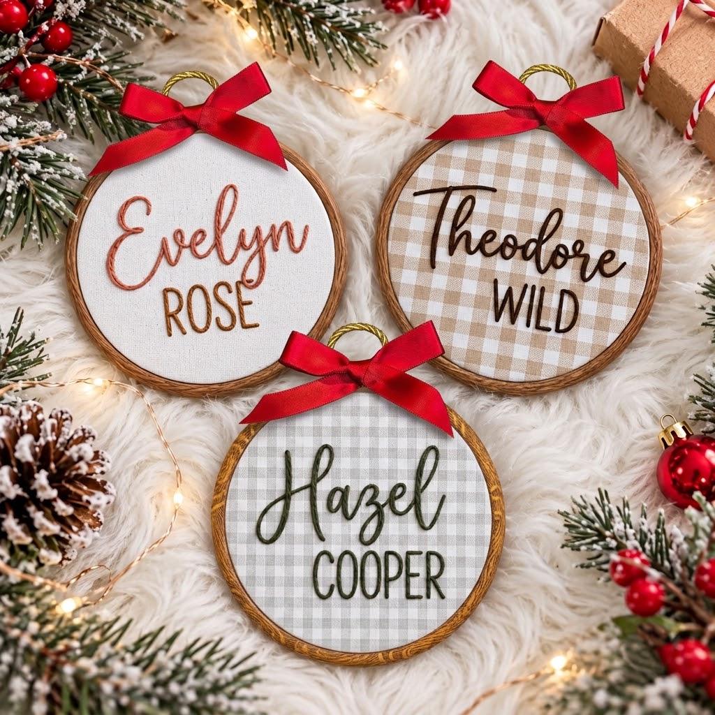 Personalized Name Christmas Embroidered Ornament, Custom Plaid Text Keepsake, Festive Tree Decor, Minimalist Holiday Gift