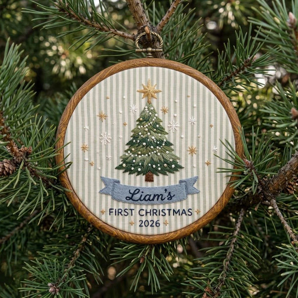 Personalized Christmas Tree Embroidered Ornament, Custom First Christmas Baby Boy Keepsake, Festive Tree Decor, Newborn Gift