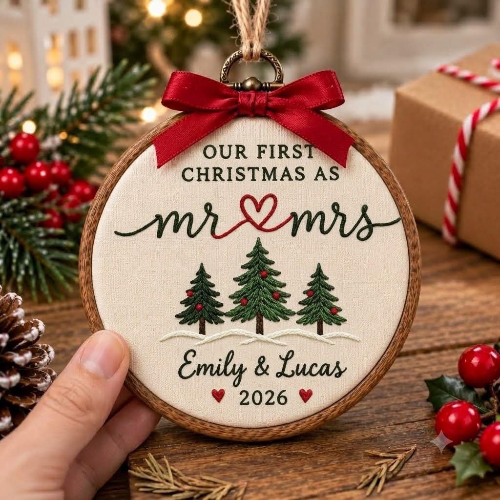 Personalized Mr and Mrs Christmas Embroidered Ornament, Custom Couple Names Keepsake, Festive Tree Decor, Romantic Wedding Gift