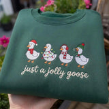 Just A Jolly Goose Christmas Sweatshirt, Green Winter Village Embroidered Crewneck
