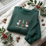 Trio Geese Just A Jolly Goose Christmas Sweatshirt, Forest Green Woodland Village Crewneck