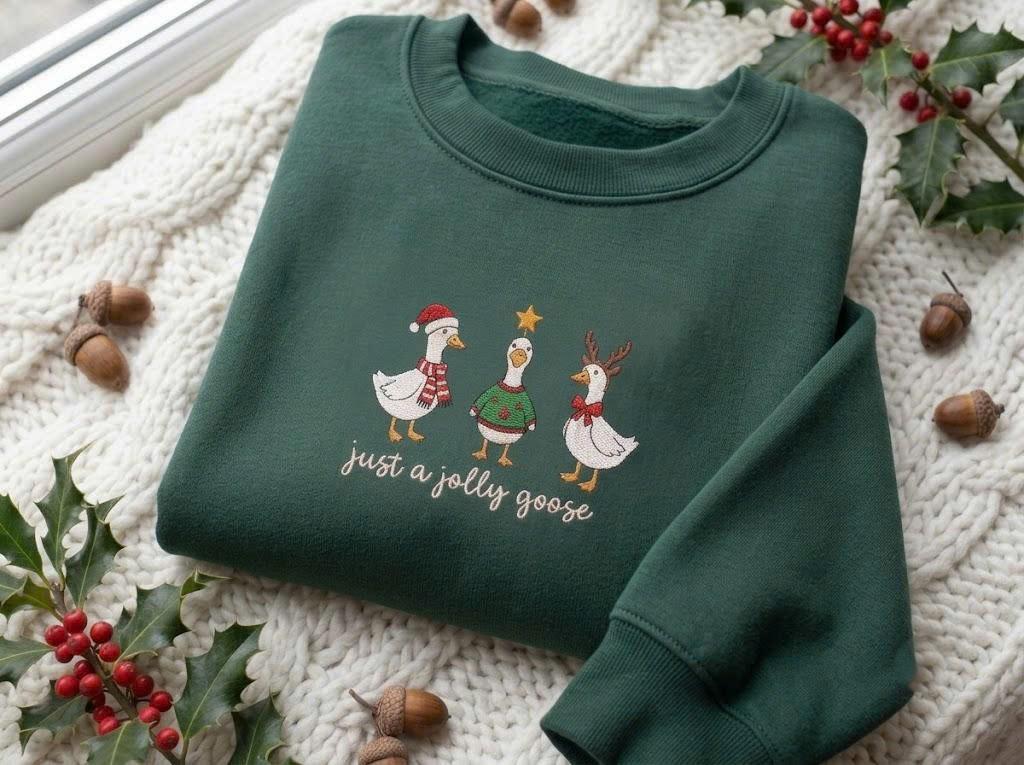Trio Geese Just A Jolly Goose Christmas Sweatshirt, Forest Green Woodland Village Crewneck