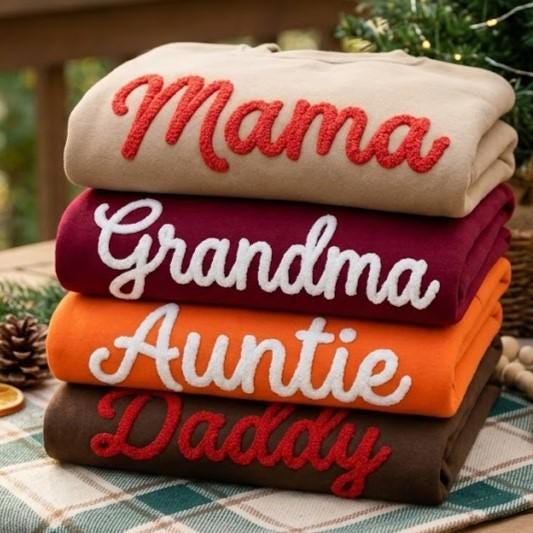 Embroidered Yarn Letter Mama Sweatshirt, Custom Family Name Crewneck Mother Gift