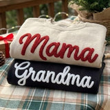 Embroidered Yarn Letter Mama Sweatshirt, Custom Family Name Crewneck Mother Gift