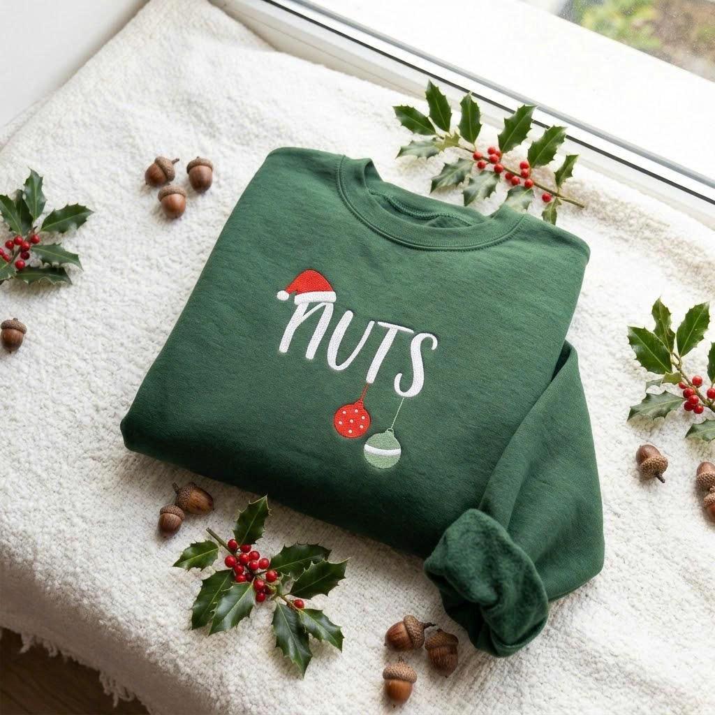 Matching Chest Nuts Funny Christmas Sweatshirt, Couple Forest Green Embroidered Crewneck