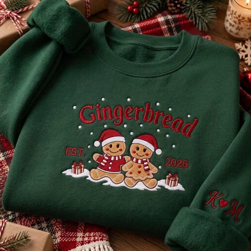 Personalized Gingerbread Couple Christmas Sweatshirt, Est 2026 Winter Embroidered Crewneck