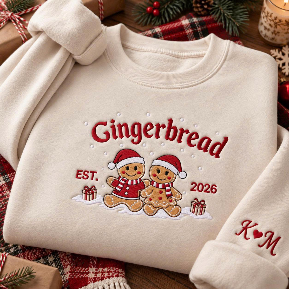Personalized Gingerbread Couple Christmas Sweatshirt, Est 2026 Winter Embroidered Crewneck