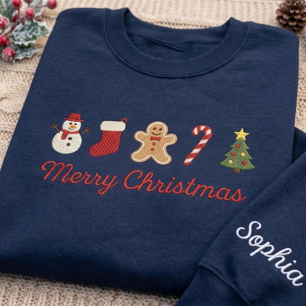 Custom Embroidered Christmas Icons Sweatshirt, Personalized Sleeve Name Holiday Crewneck