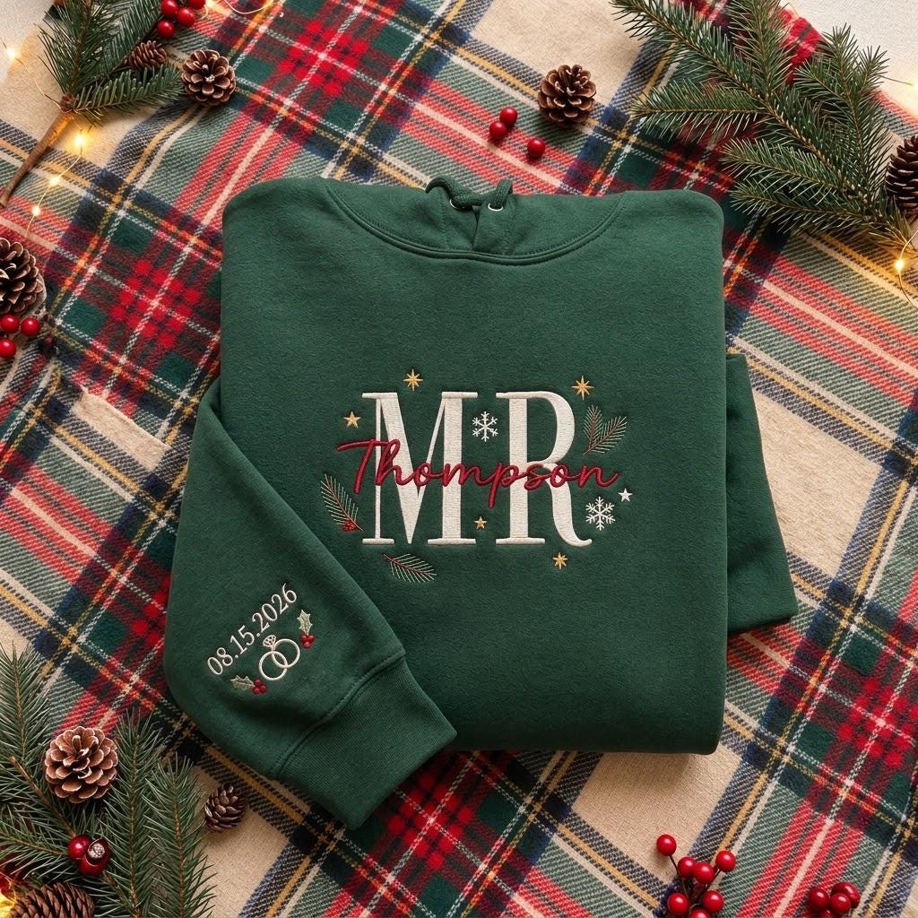 Custom Mr And Mrs Christmas Couple Sweatshirt, Personalized Name Date Festive Crewneck