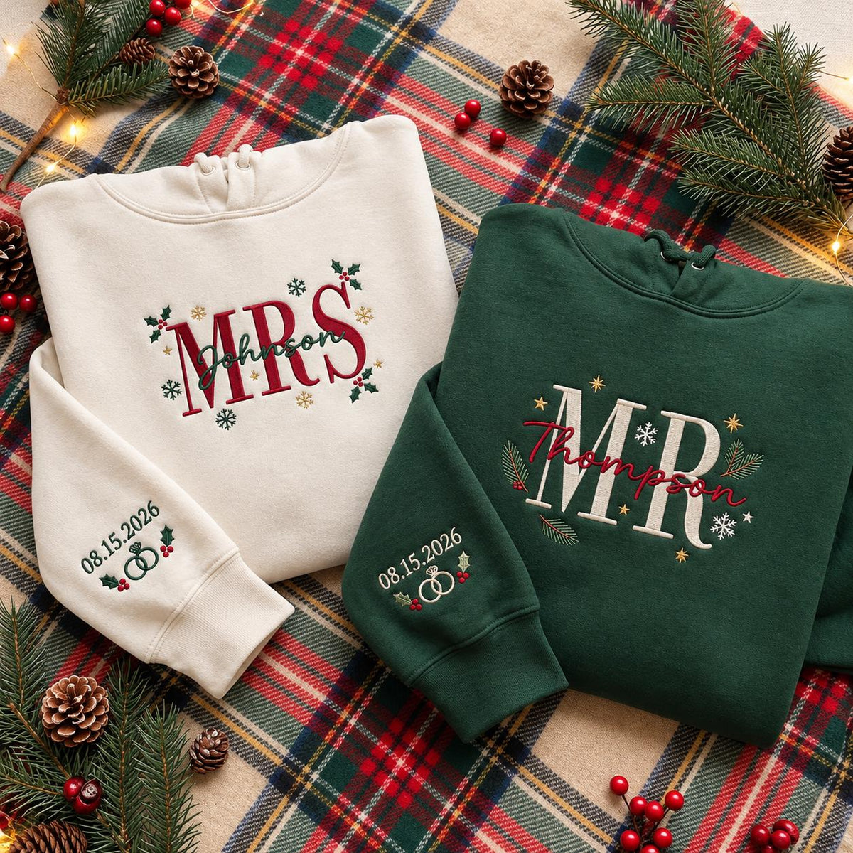 Custom Mr And Mrs Christmas Couple Sweatshirt, Personalized Name Date Festive Crewneck
